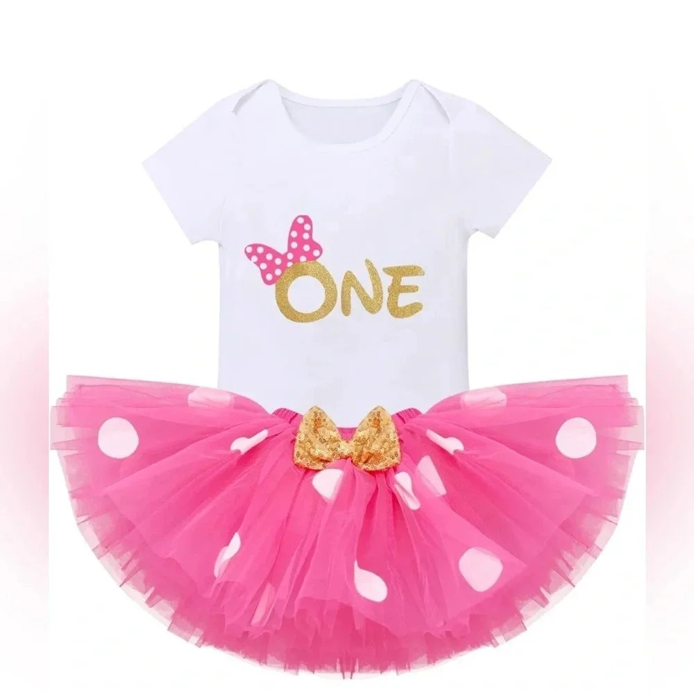 Baby Girls 1st Birthday Outfit Polka Dots ONE Romper Tutu Skirt.